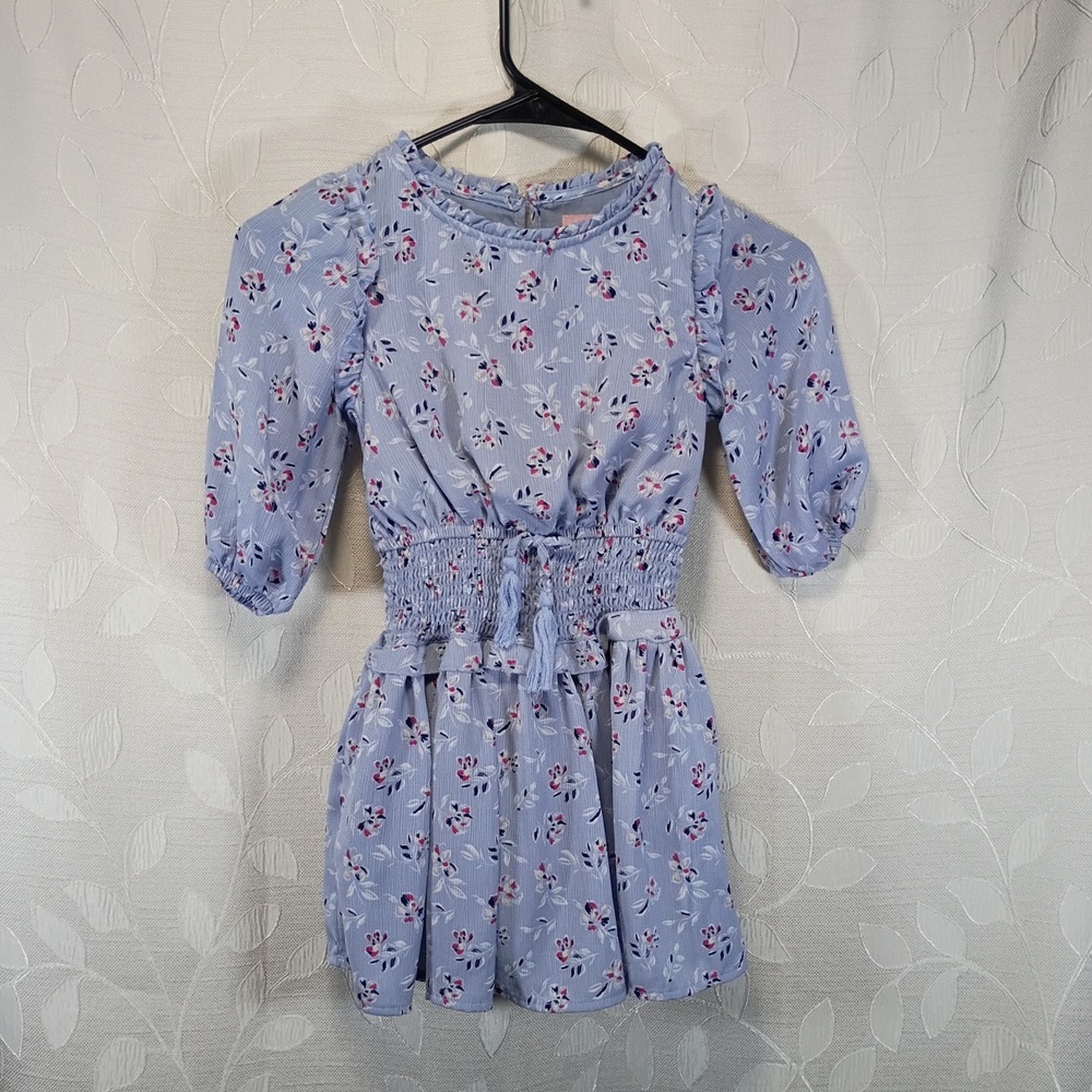 BCBG Girls Blue Floral Smocked Waist Ruffle Dress Size 6